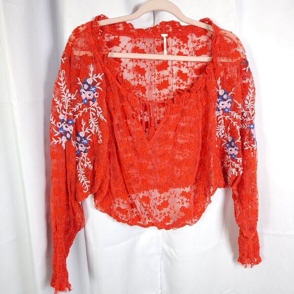 Free People Womens XS Red Floral Jubilee Embroidered Sheer Blouse Top - Picture 2 of 8